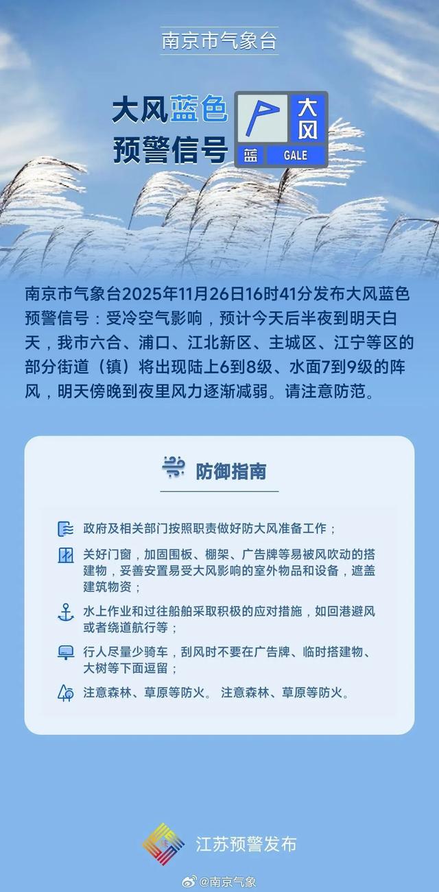 南京市气象台发布大风蓝色预警信号