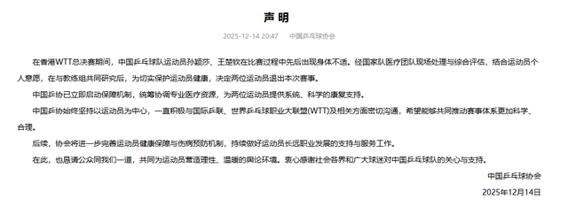 孙颖莎、王楚钦先后因伤退赛 中国乒协回应：立即启动保障机制