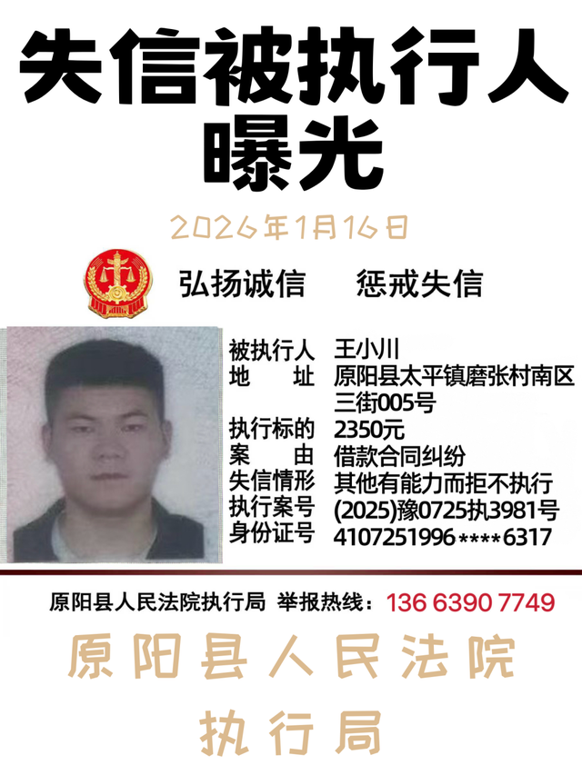 2026年1月16日这7人被原阳法院实名曝光！