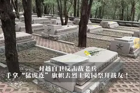 对越自卫反击战老兵，手拿“猛虎连”旗帜去烈士陵园祭拜战友！图片
