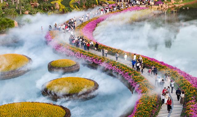 广西南宁：水雾弥漫绚烂花海 市民乐享冬日浪漫