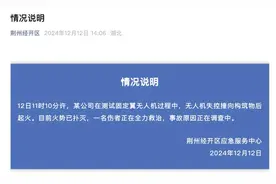 湖北荆州通报一大型无人机坠落：无人机测试中失控撞向构筑物后起火，1人受伤图片