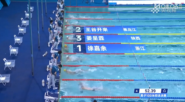 徐嘉余男子100仰夺冠	，四届全运会共收获13金，汪顺第四；湖北选手彭旭玮女子100仰摘金