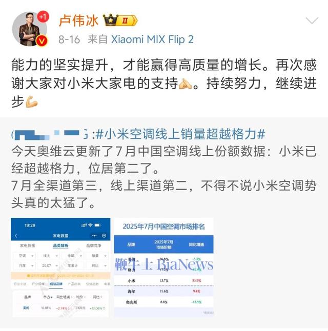 格力高管回怼卢伟冰：不在意空调短期排名，何必转发来路不明的图？