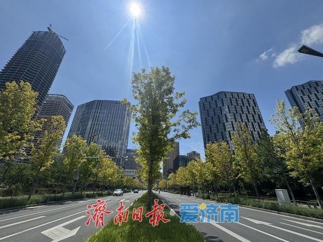 一年四季 泉在济南丨初秋济南CBD：蓝天白云作伴，树染微黄秋意渐浓
