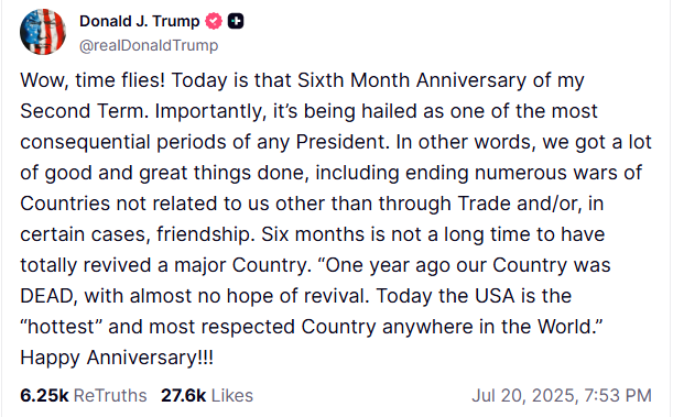 特朗普“自嗨”庆祝上任六个月