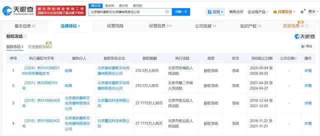 赵薇所持210万股权再被冻结