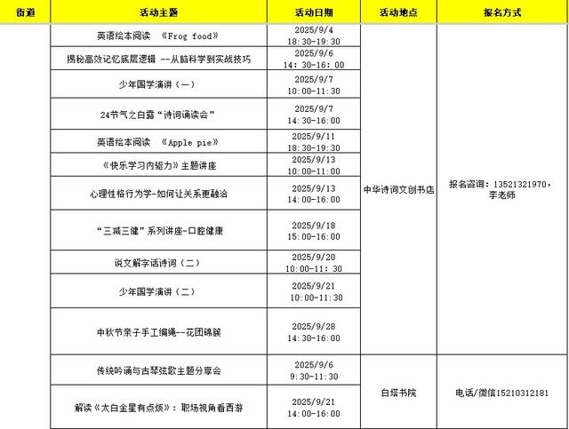 西城区悦读湾9月活动预告