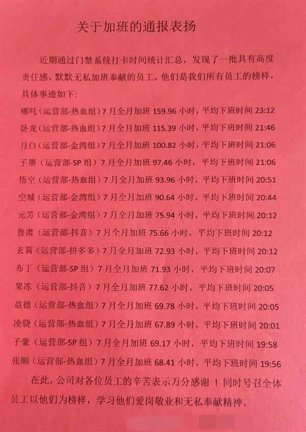 员工加班近160小时被通报表扬