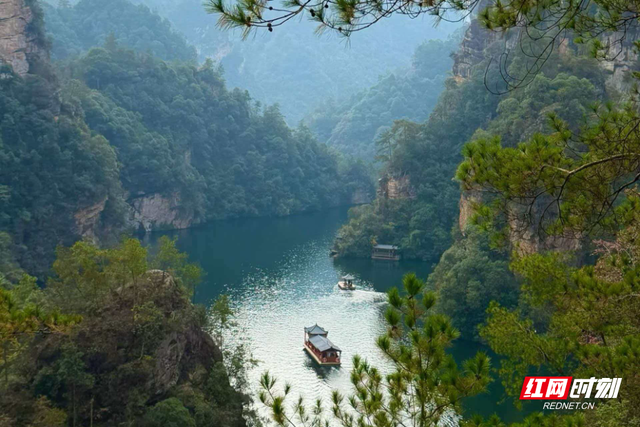 张家界宝峰湖：暖阳峰林碧水间 画舫游船引客来