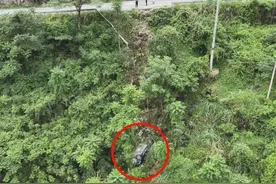 惊险！广西一小车撞断护栏，翻下21米深的山崖……图片