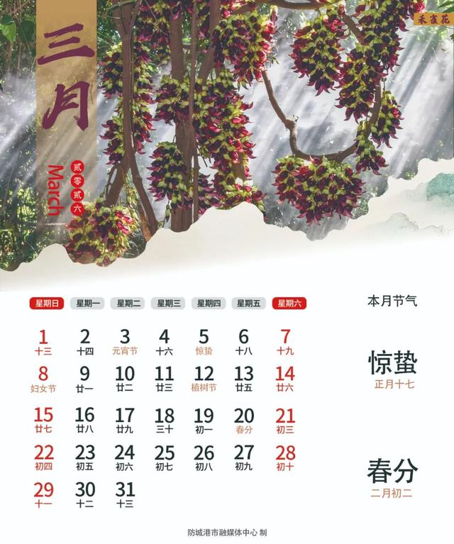 叮！送你一套防城港专属2026年月历壁纸