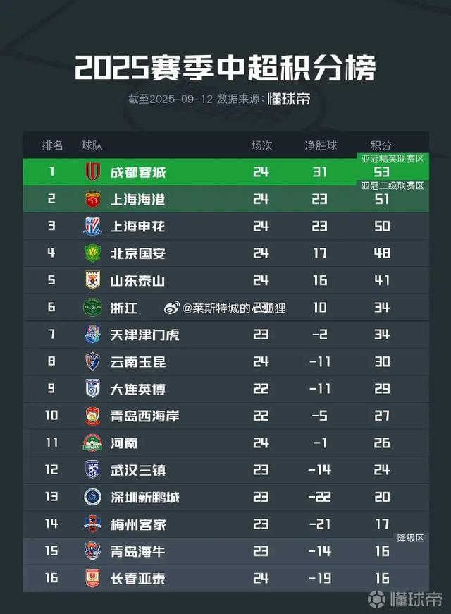 中超：成都蓉城继续领跑积分榜