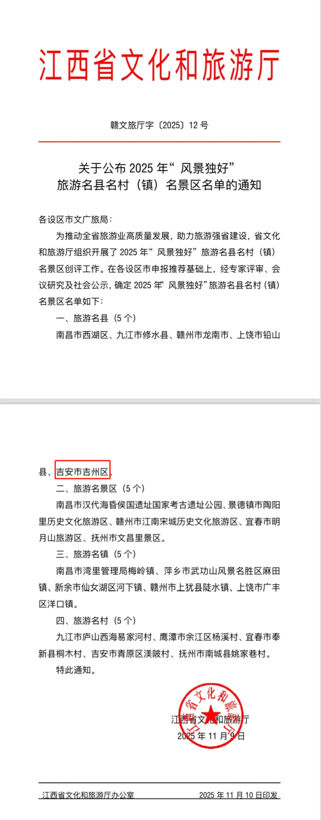 吉安市吉州区获评2025年江西省“风景独好”旅游名县