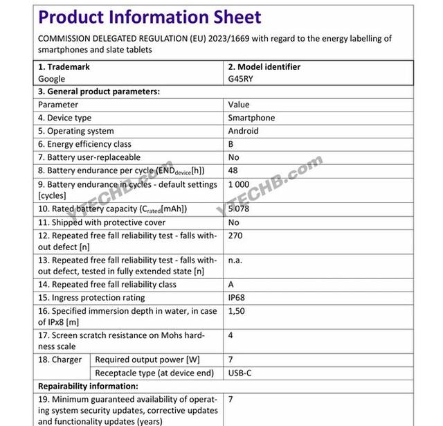 谷歌 Pixel 10 系列手机能效标签曝光