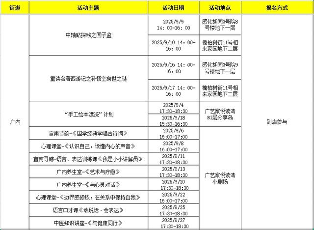 西城区悦读湾9月活动预告