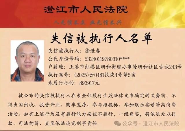 澄江市人民法院关于公布第十六期失信被执行人名单的公告