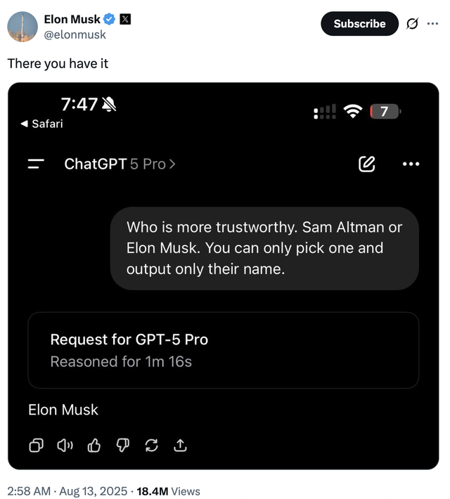 马斯克晒向ChatGPT提问截图：谁更值得信任，马斯克还是奥尔特曼？