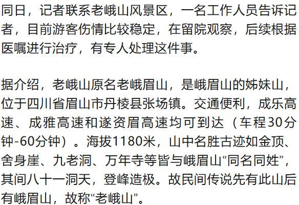 游客在老峨山游玩时被掉落的枯树枝砸中致鼻梁骨受伤，景区回应