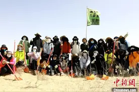 全国志愿者在甘肃民勤沙漠挥锹培土 植梭梭苗构筑绿色长城图片
