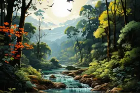 夏天清澈的小溪穿过树林图片