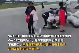 成都飞新加坡航班落地前机舱冒烟发动机起火，机上人员安全撤离，有乘客因携带行李撤离不慎摔倒图片