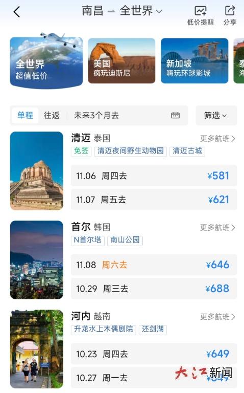 南昌前往多地机票价格“大跳水”