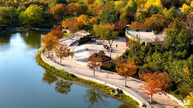 深秋时节，碧水彩林相映美