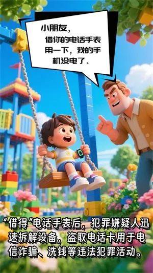 “小朋友，借你的电话手表用一下，我的手机没电了”