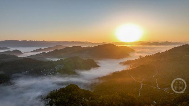 晨雾枫叶红 日出田园美