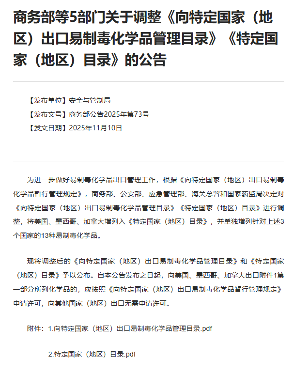 商务部等5部门：将美国、墨西哥、加拿大，增列入《特定国家（地区）目录》，并单独增列针对上述3个国家的13种易制毒化学品