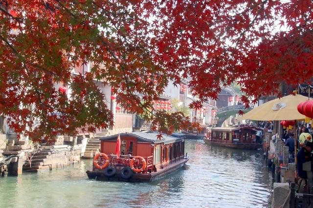 江苏苏州：古山塘红枫掩映 水巷冬景醉游人