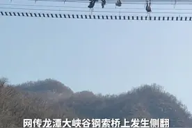 洛阳一景区钢索桥侧翻多名游客倒挂空中 ，景区：可能游客自己晃动导致，已全部救下图片