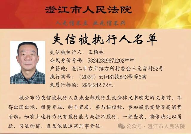 澄江市人民法院关于公布第十六期失信被执行人名单的公告