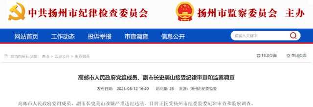 江苏高邮副市长史美山被查