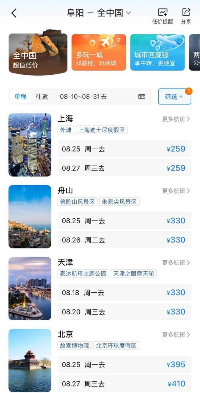 价格大降！阜阳出发，255元起就可飞！