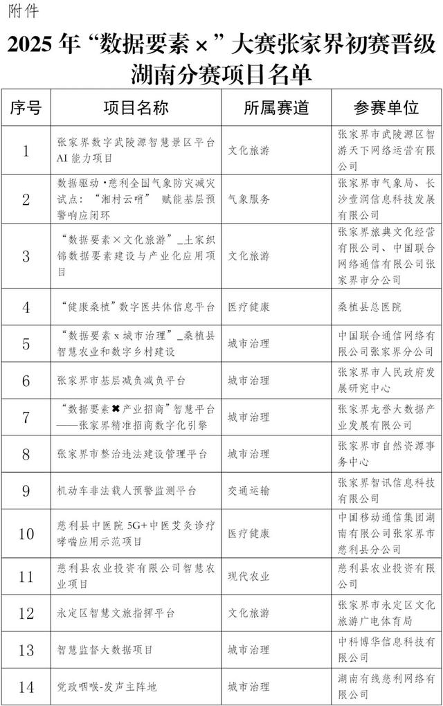 关于2025年“数据要素×”大赛张家界初赛晋级湖南分赛项目名单的公示