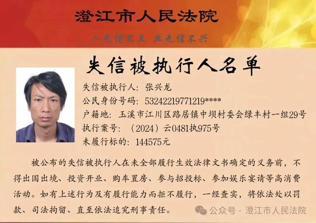 澄江市人民法院关于公布第十六期失信被执行人名单的公告