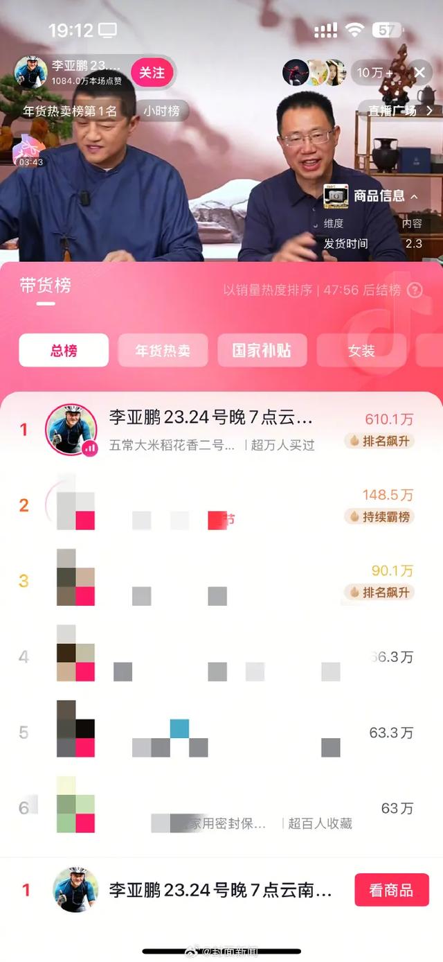 李亚鹏昨晚直播累计场观达3412.5万	，成直播带货总榜第一，销售额远超第二名，他呼吁大家理性购物