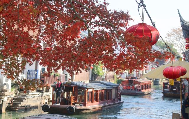 江苏苏州：古山塘红枫掩映 水巷冬景醉游人