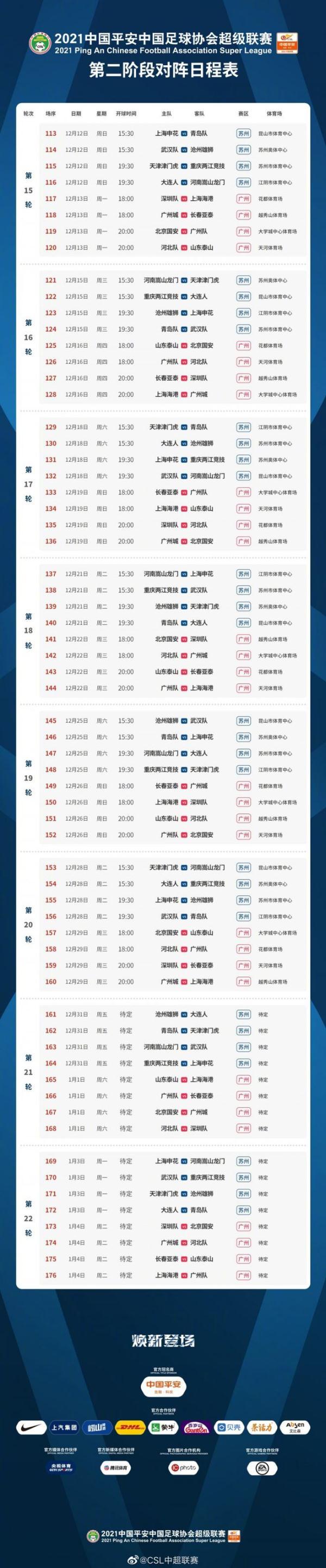 中超第二阶段赛程公布：双12开踢，明年1月4日结束