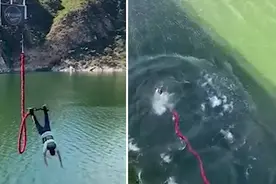 阿根廷男子40米高处蹦极，绳索突然脱落直接坠入水中图片