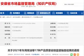 安徽省市场监督管理局通报2021年车用柴油等17种产品质量省级监督抽查结果图片