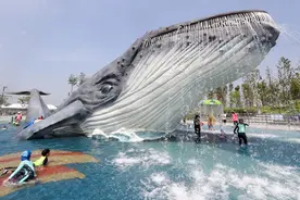 韩国清州夏日高温 民众在“鲸鱼”喷泉下戏水消暑图片