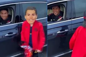 666？小球迷头戴C罗面具，在C罗面前做出标志siu庆祝引C罗大笑图片