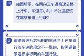 每日安全丨如图所示，在同向三车道高速公路上行驶，车速每小时115公里应该在哪条车道上行驶？图片