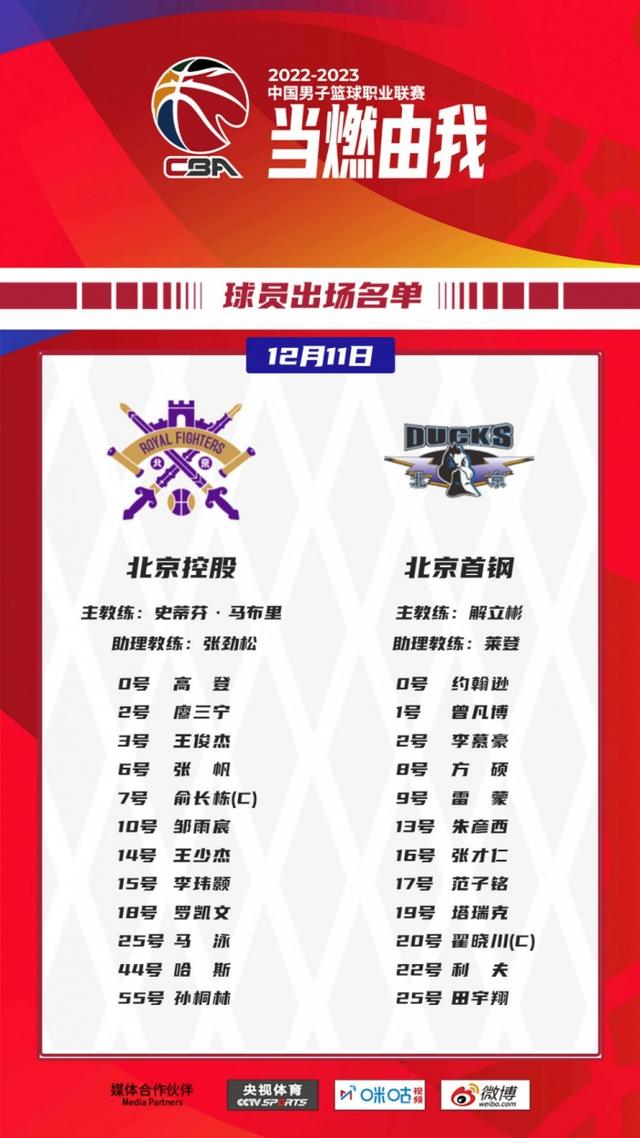 北京首钢男篮队员名单(首钢vs北控大名单出炉翟晓川回归 高登廖三宁在