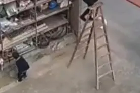奶奶意外碰倒梯子身体悬空，4岁孙子使出全身力气撑起梯子图片
