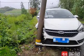 雨天路滑小轿车失控，撞上电线杆“削去”车头半边脸图片