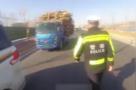 司机超宽运载树木影响后视，遇交警检查忙说“兄弟饶了我呗”图片